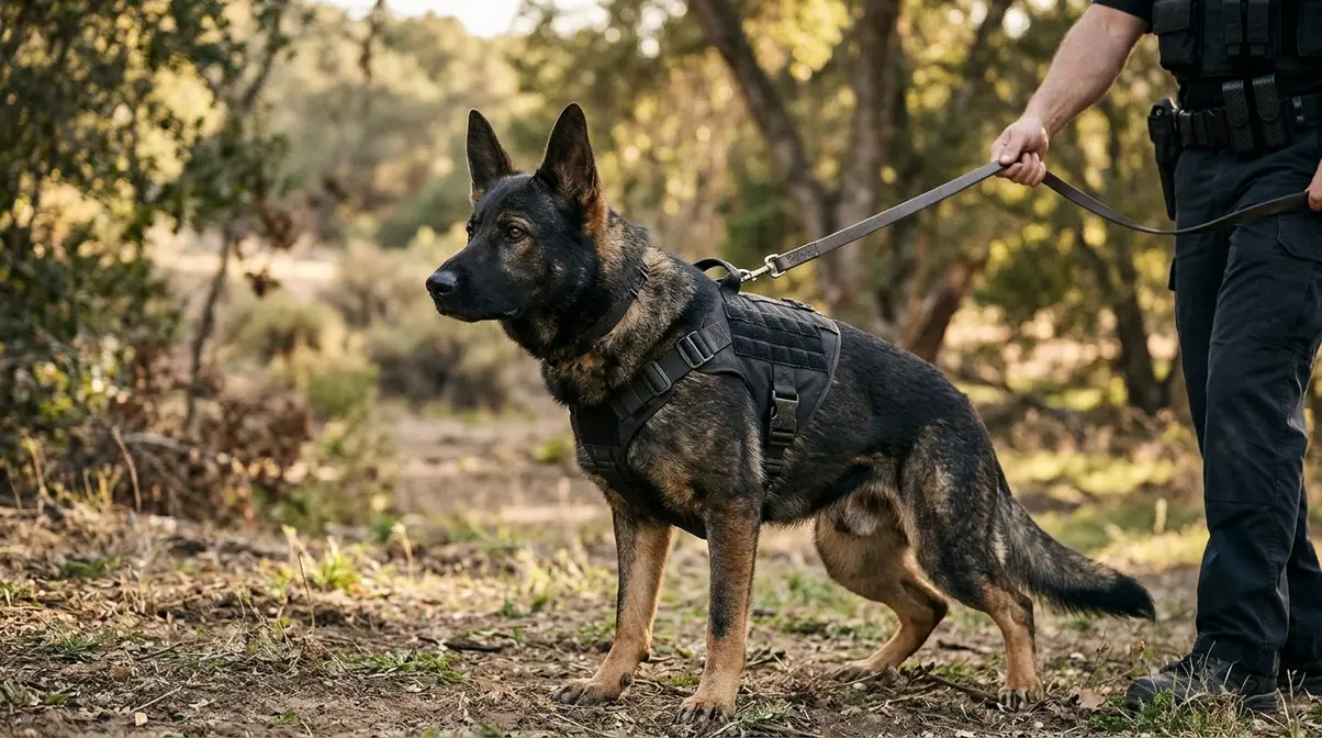 German Shepherd police K9 dog in working harness standing alert outdoors with handler