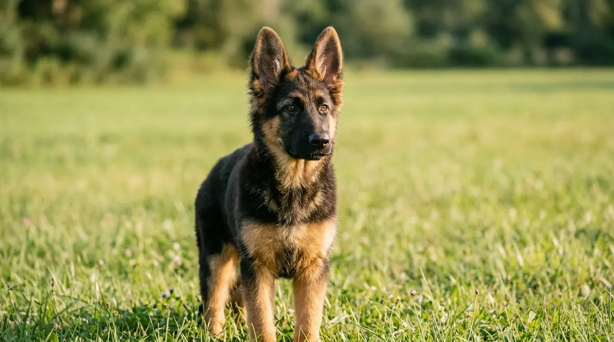 German Shepherd puppy with both ears fully erect standing alert in an open grassy field