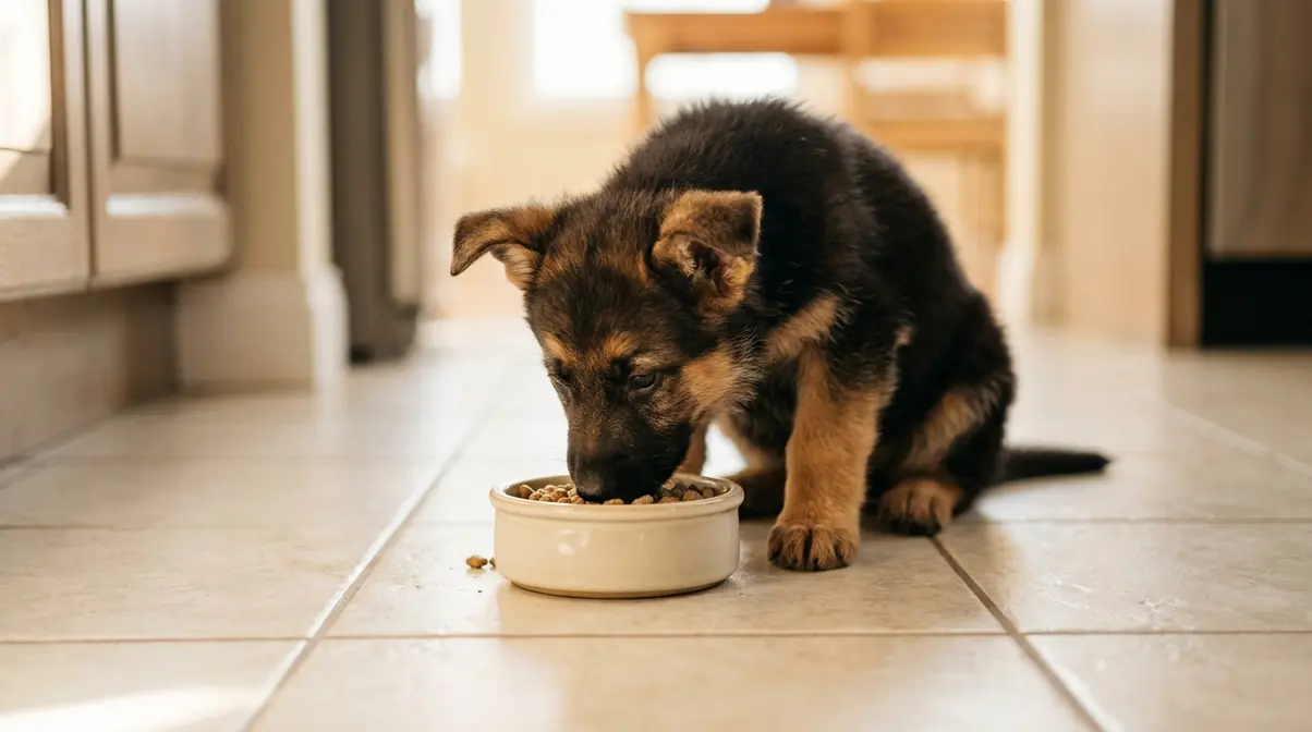 Young German Shepherd puppy eating from a small food bowl on a kitchen floor