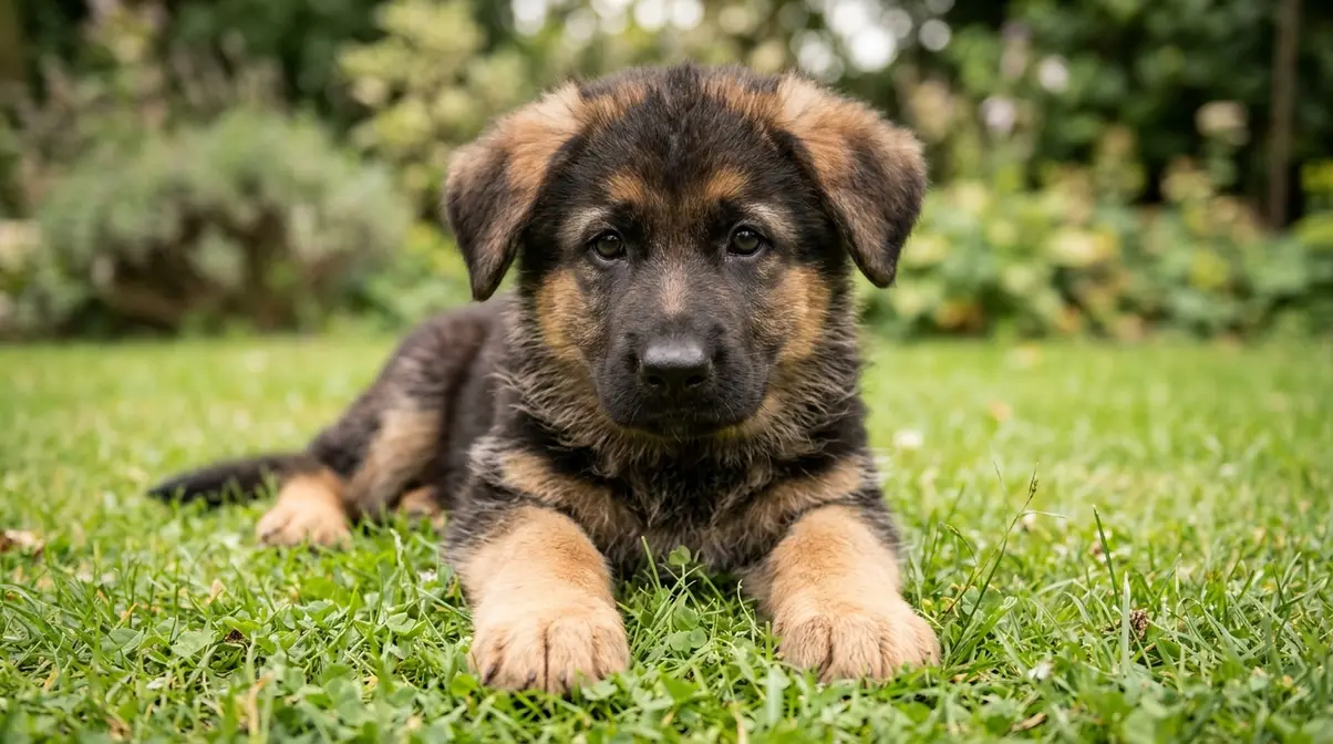 Young German Shepherd puppy with both ears fully floppy lying on green grass outdoors