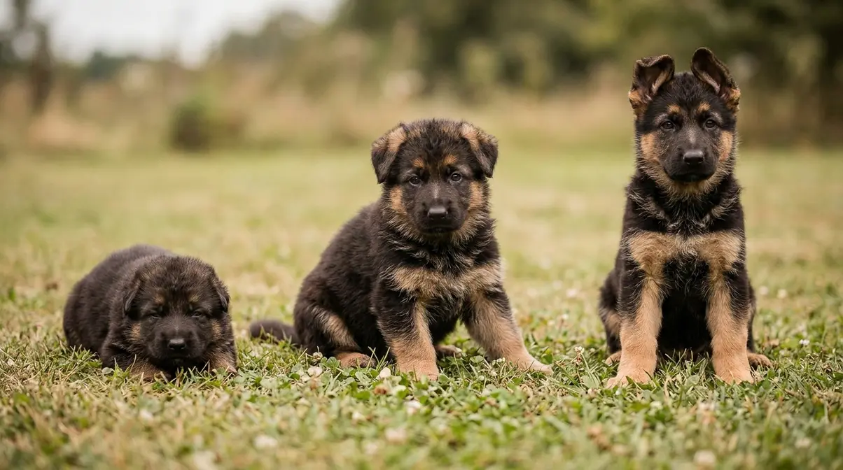 German Shepherd puppies at two weeks, six weeks, and eight weeks showing early growth stages side by side