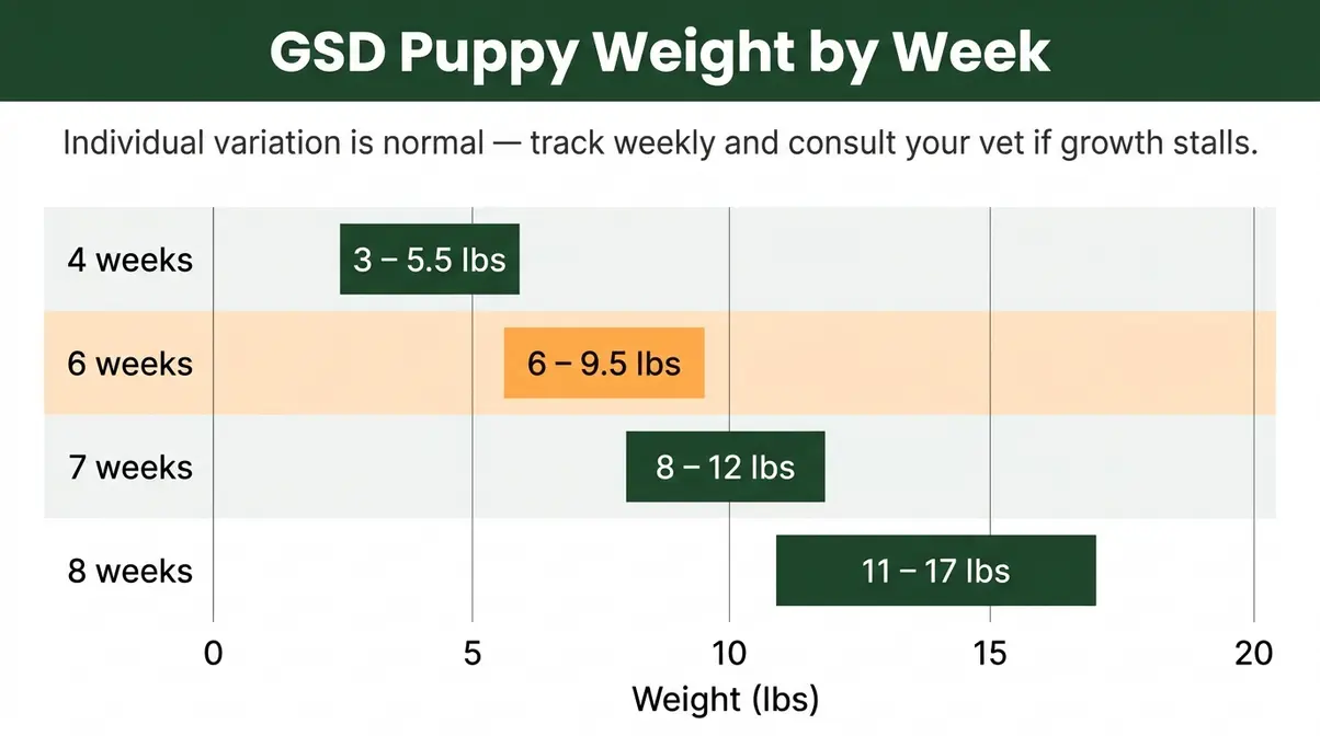 German Shepherd puppy weight chart showing typical weight ranges from four to eight weeks of age