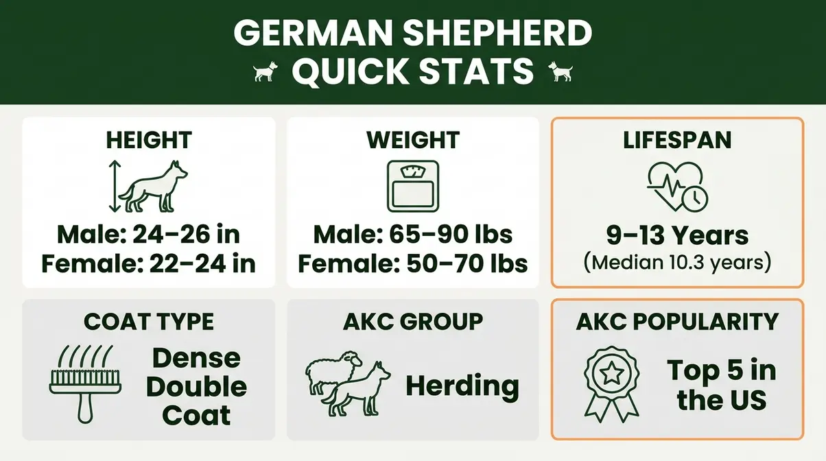 German Shepherd quick stats infographic showing height, weight, lifespan, coat type, AKC group, and US popularity rank