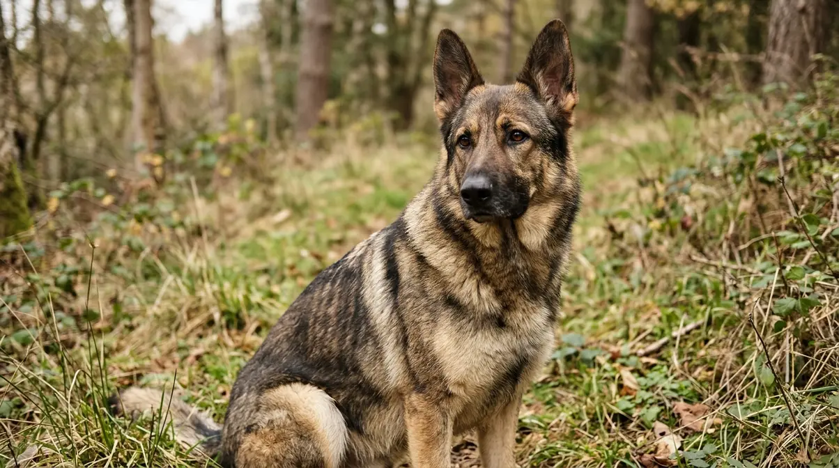 Sable German Shepherd with distinctive banded multi-tone coat standing in natural outdoor setting