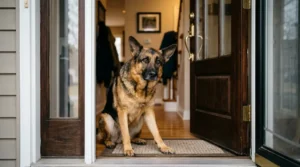 German Shepherd sitting at front door showing signs of separation anxiety