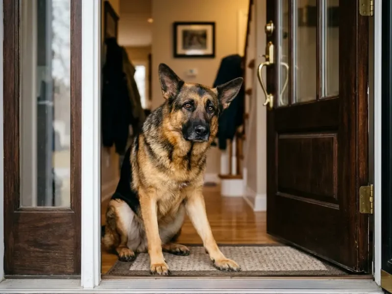 German Shepherd sitting at front door showing signs of separation anxiety