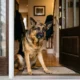 German Shepherd sitting at front door showing signs of separation anxiety