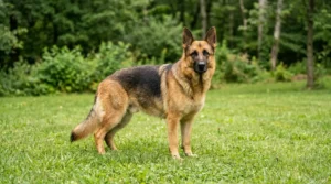 German Shepherd dog standing alert on grass showing healthy double coat in natural light