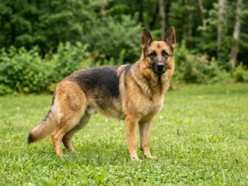 German Shepherd dog standing alert on grass showing healthy double coat in natural light