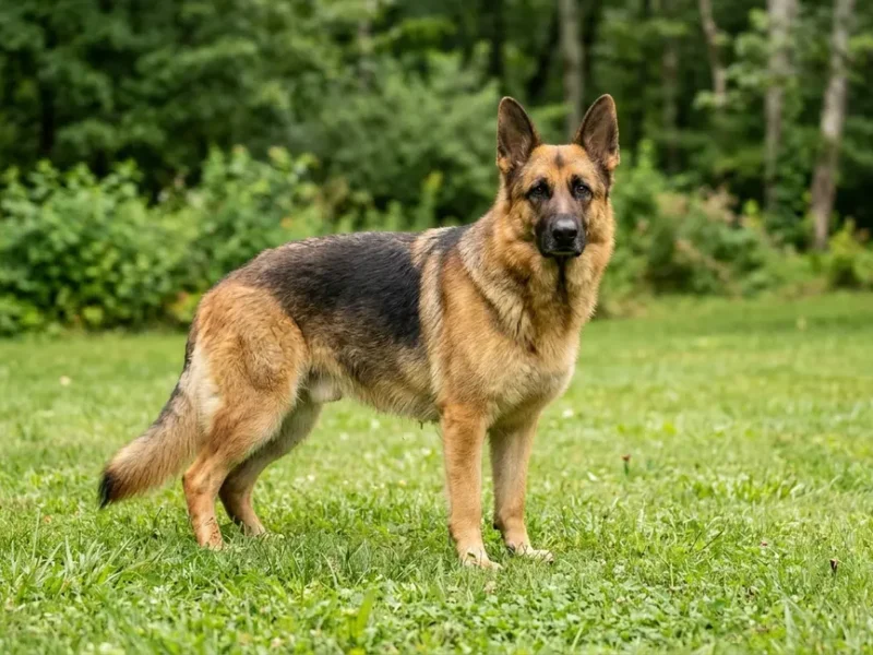 German Shepherd dog standing alert on grass showing healthy double coat in natural light
