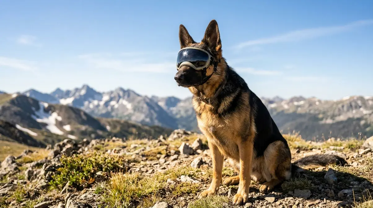 German Shepherd wearing UV-protective goggles outdoors in bright sunlight at high altitude