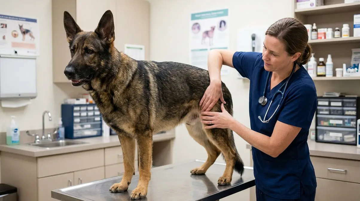 German Shepherd receiving a veterinary health examination on a clinic table with attentive vet