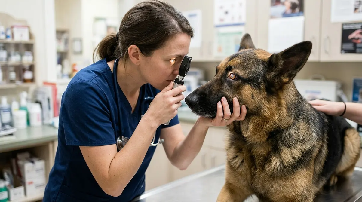 Veterinarian examining a German Shepherd dog's eye with an ophthalmoscope in a clinic