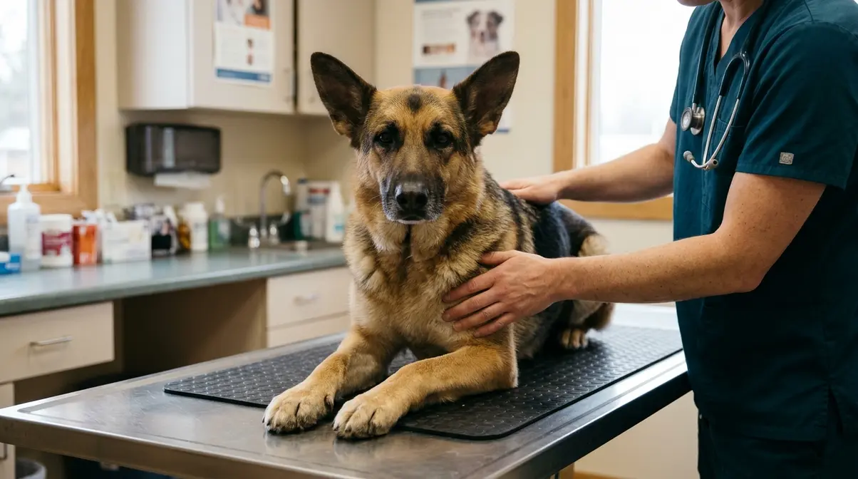 Adult female German Shepherd being examined by a veterinarian in a clinic during a spay consultation