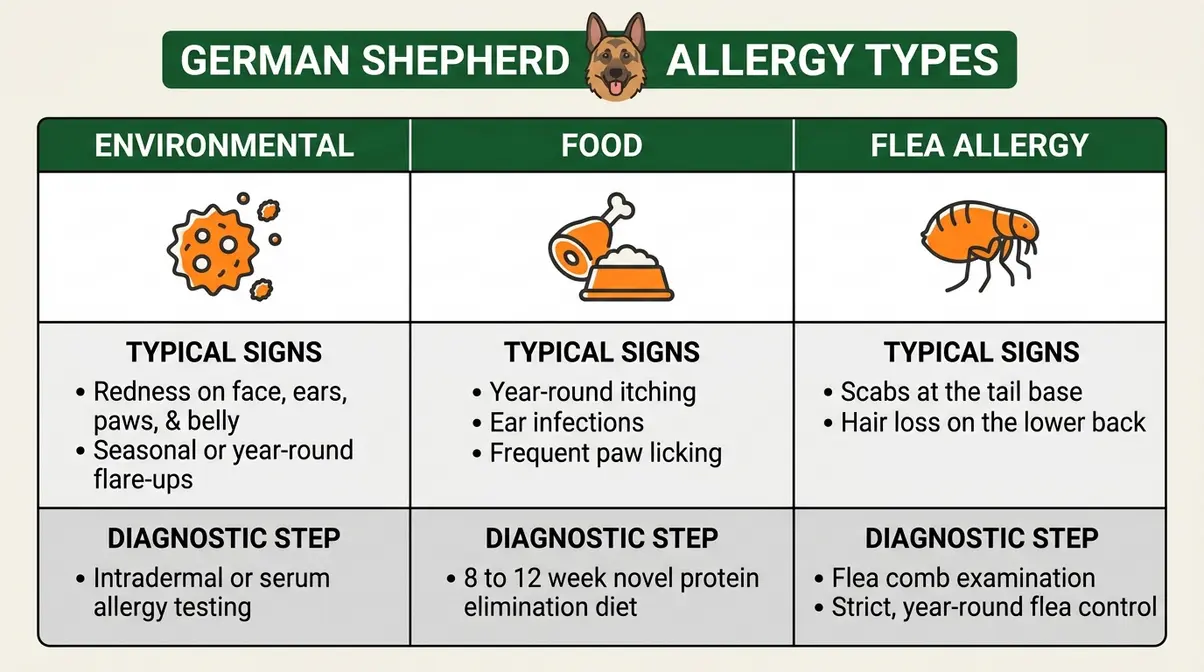 Three-column chart comparing German Shepherd environmental, food, and flea allergy types with signs and diagnostic steps