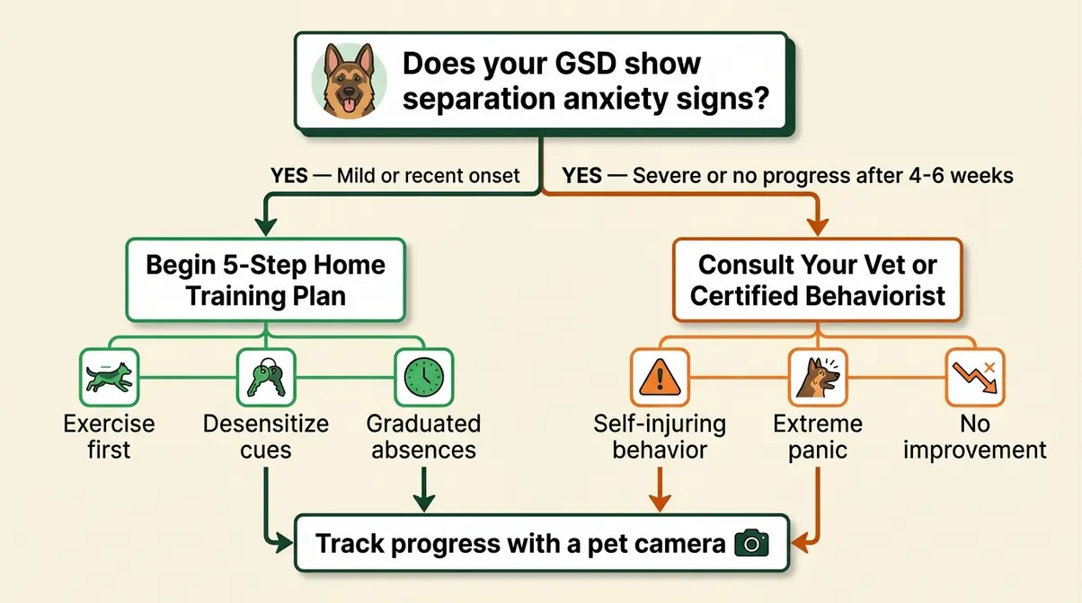 Decision flowchart for German shepherd separation anxiety showing mild signs leading to home training and severe signs to vet referral