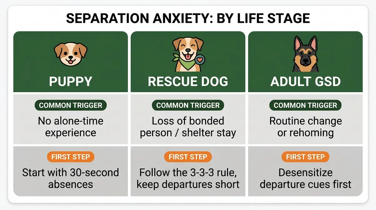 Comparison table showing separation anxiety triggers and first steps for GSD puppies, rescue dogs, and adult dogs
