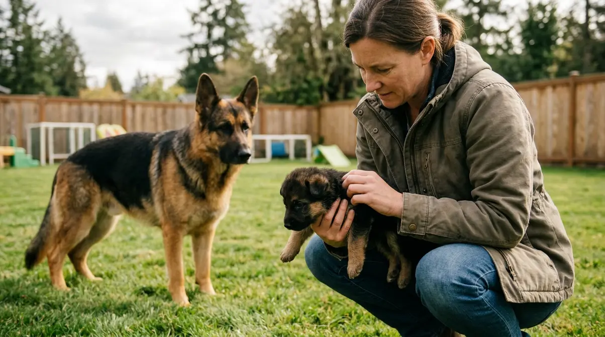 Person examining a German Shepherd puppy outdoors with an adult stock coat GSD standing nearby at a breeder