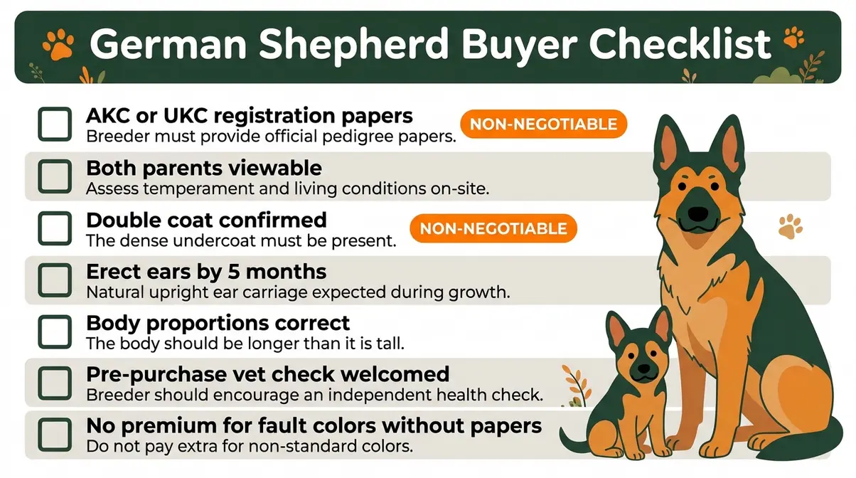Buyer checklist for choosing a German Shepherd coat type and verifying breed purity with seven key checks