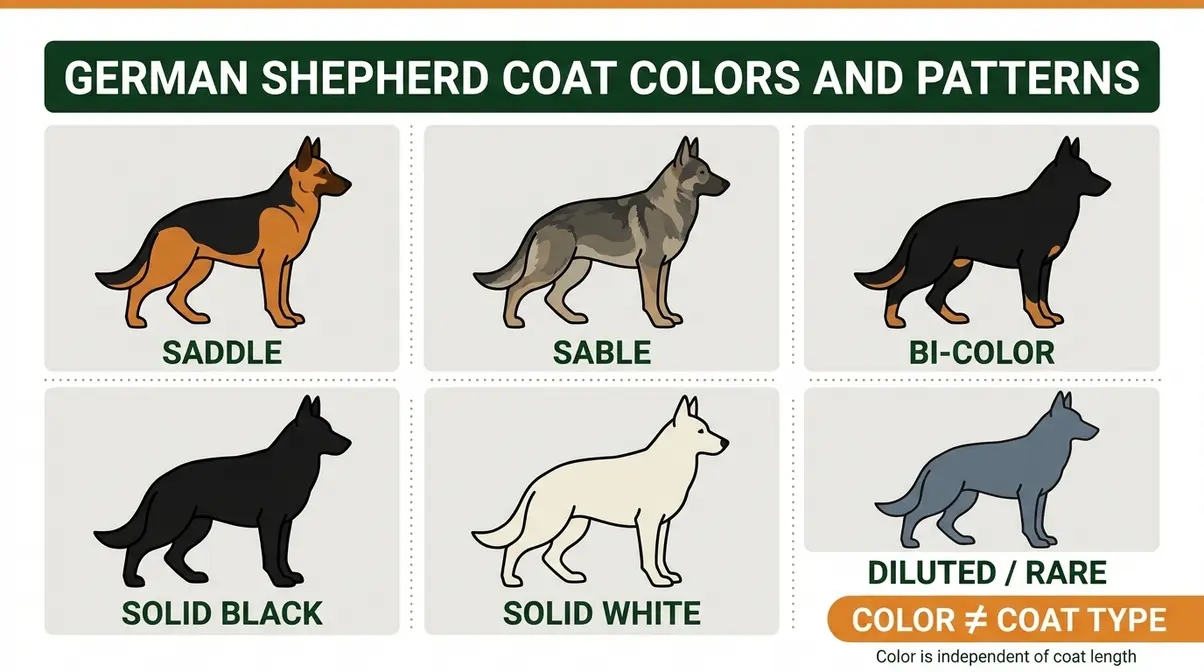 German Shepherd coat color and pattern chart showing saddle, sable, bi-color, solid black, solid white and rare diluted colors