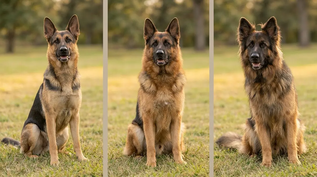 Three German Shepherds side by side showing stock coat lying flat, plush coat fuller body, and long coat with ear feathering