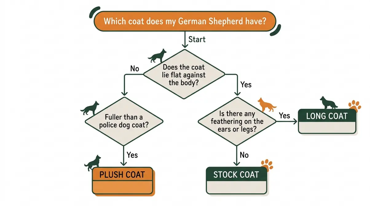 Identification flowchart for German Shepherd coat types using feathering, texture and coat length as decision cues