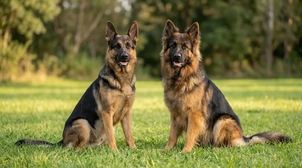 Two German Shepherds side by side showing stock coat lying flat versus long coat with feathering on ears and legs