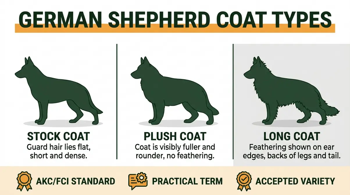 Infographic comparing German Shepherd coat types, stock coat flat, plush coat fuller, long coat with feathering on ears and legs