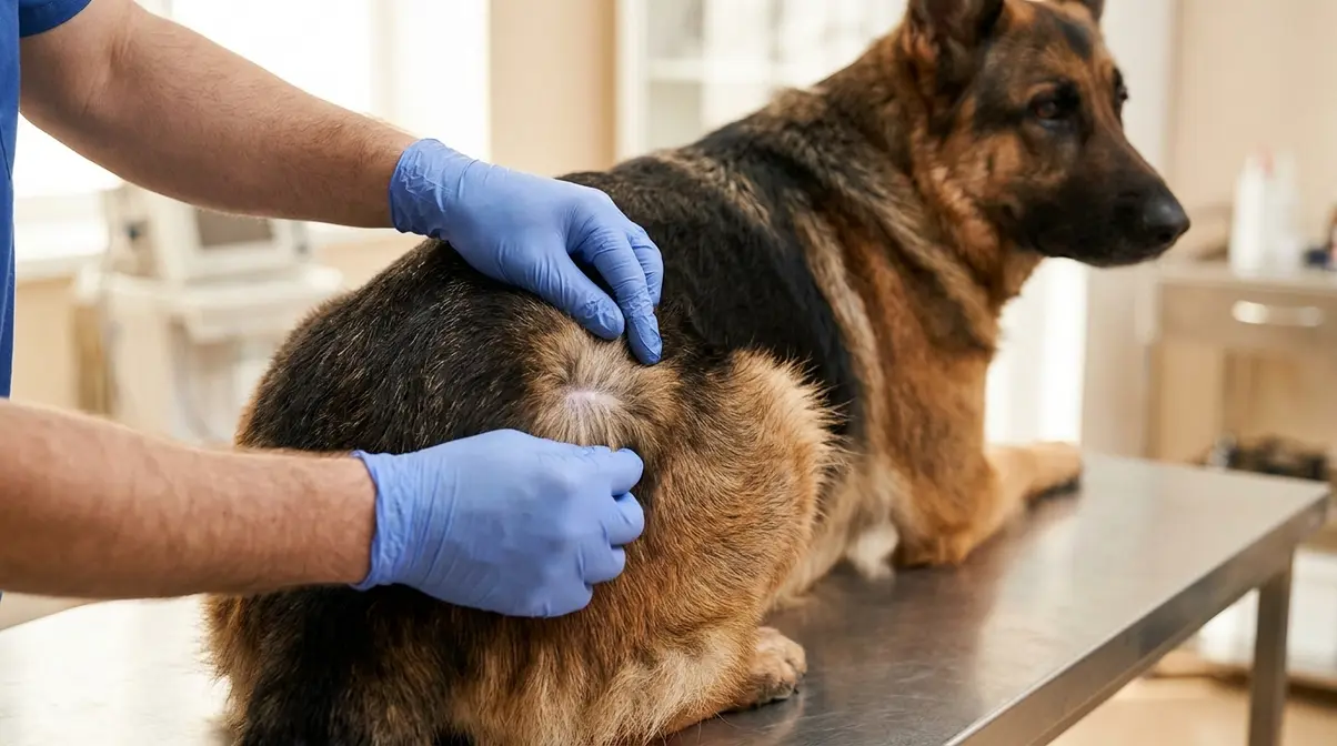Veterinarian examining German Shepherd double coat and skin during a clinical checkup