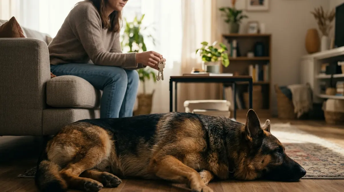 Person holding keys on sofa while German Shepherd lies calmly nearby during desensitization training