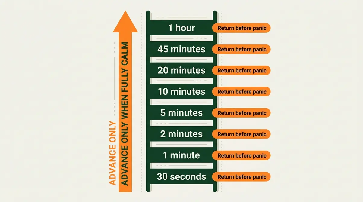 Desensitization ladder showing alone time increasing from 30 seconds to 1 hour with return-before-panic rule at each step