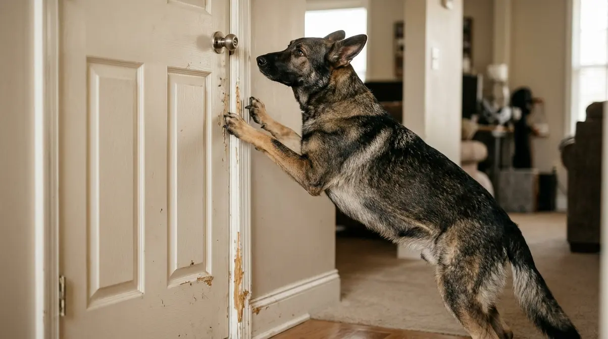 German Shepherd standing at scratched door frame showing destructive anxiety behavior