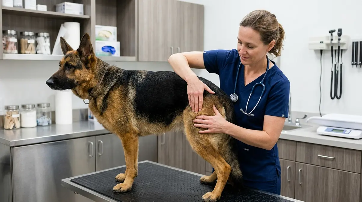 Veterinarian examining the hip of a German Shepherd during a health check at a clinic