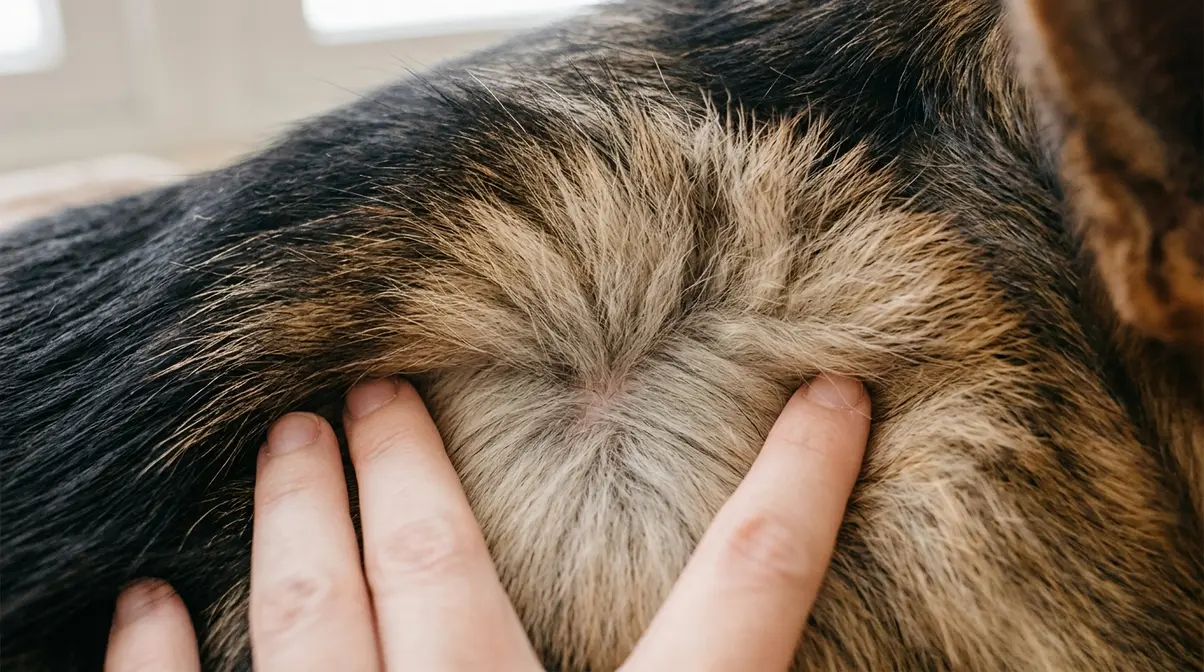 German Shepherd double coat layers shown close up with guard hair and dense undercoat visible