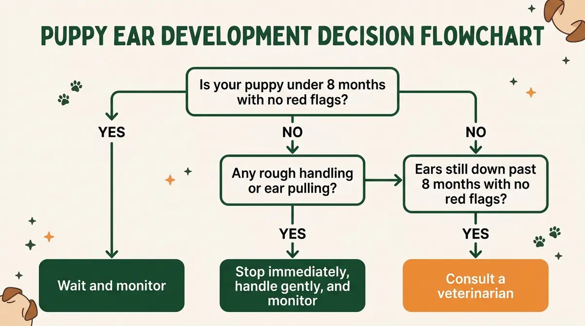 Decision flowchart for German Shepherd puppy ears not standing showing wait, handle gently, or consult vet paths