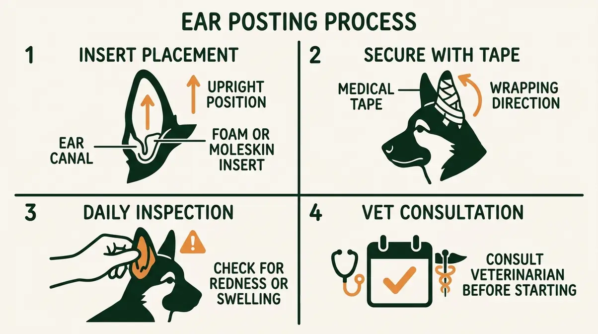 Step-by-step diagram showing how to post a German Shepherd puppy ear with foam insert and medical tape with vet caution