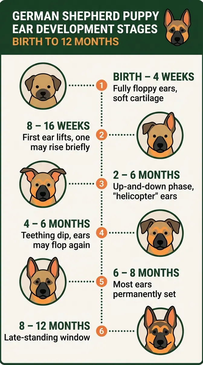 Infographic showing German Shepherd puppy ear development stages from birth to 12 months across six age milestones