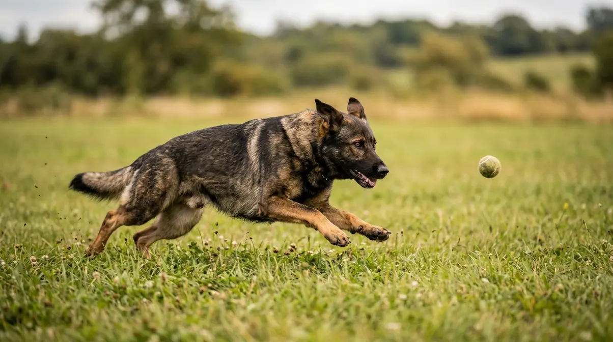 German Shepherd running and chasing a ball in a grassy field during exercise session