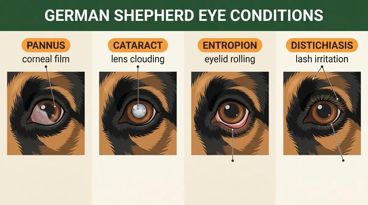 Annotated guide showing pannus corneal film, cataract lens clouding, entropion eyelid rolling, and distichiasis in German Shepherds