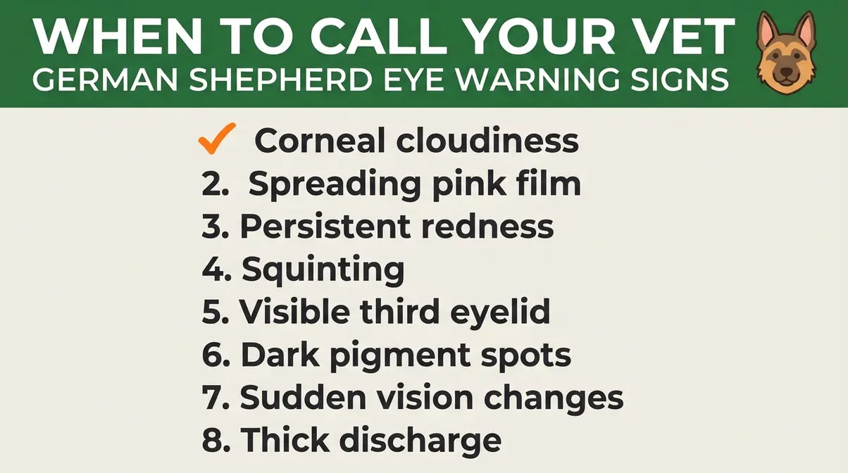 German shepherd eye disease symptom checklist showing eight warning signs including corneal cloudiness and spreading pink film