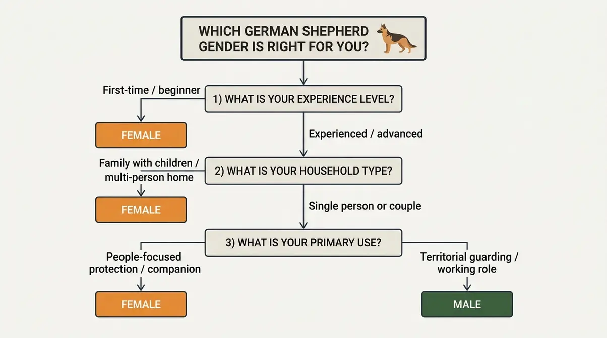 Flowchart guiding users to choose a male or female German Shepherd based on experience level, household type, and primary use