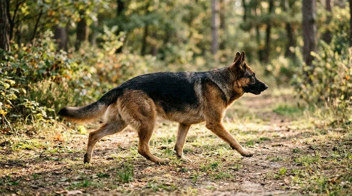 Adult German Shepherd trotting outdoors, showing healthy joint movement and musculoskeletal condition