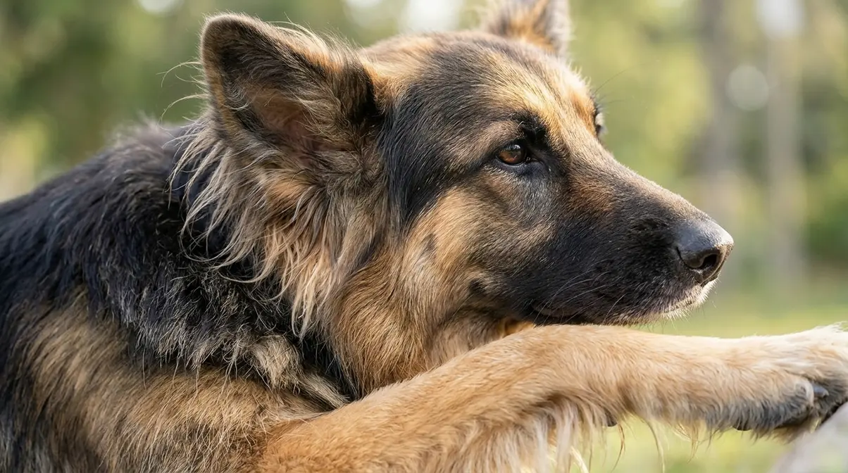Close-up of a German Shepherd long coat showing feathering on the ear edge and back of the leg in natural daylight