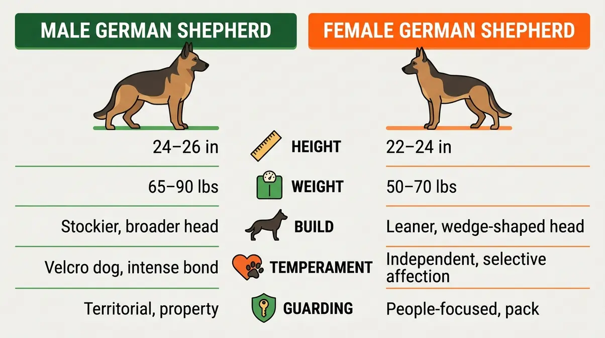 Infographic comparing male vs female German Shepherd size, weight, and temperament side by side