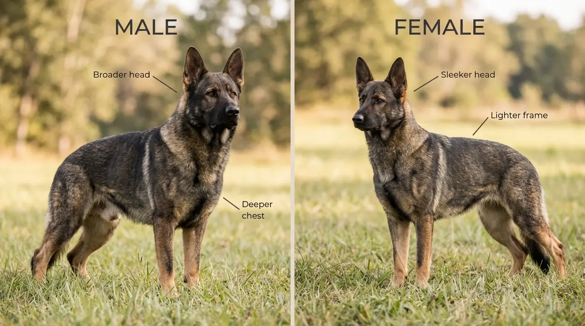 Side-by-side annotated photo of male and female German Shepherd highlighting broader head and stockier build differences