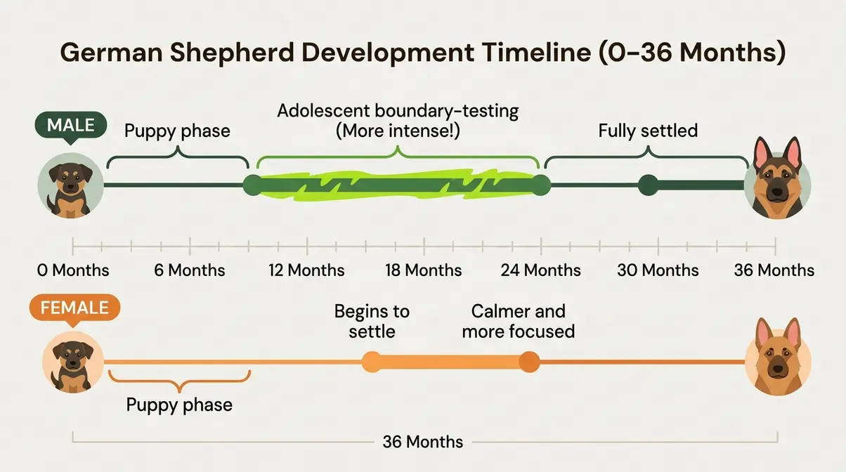 Timeline infographic showing German Shepherd maturity stages for males settling at 36 months and females earlier at 18 to 24 months