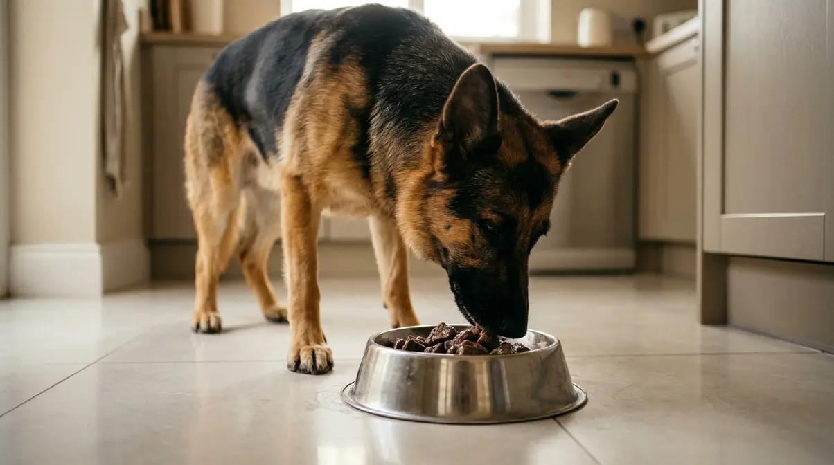 German Shepherd eating a novel protein elimination diet meal from a stainless steel bowl