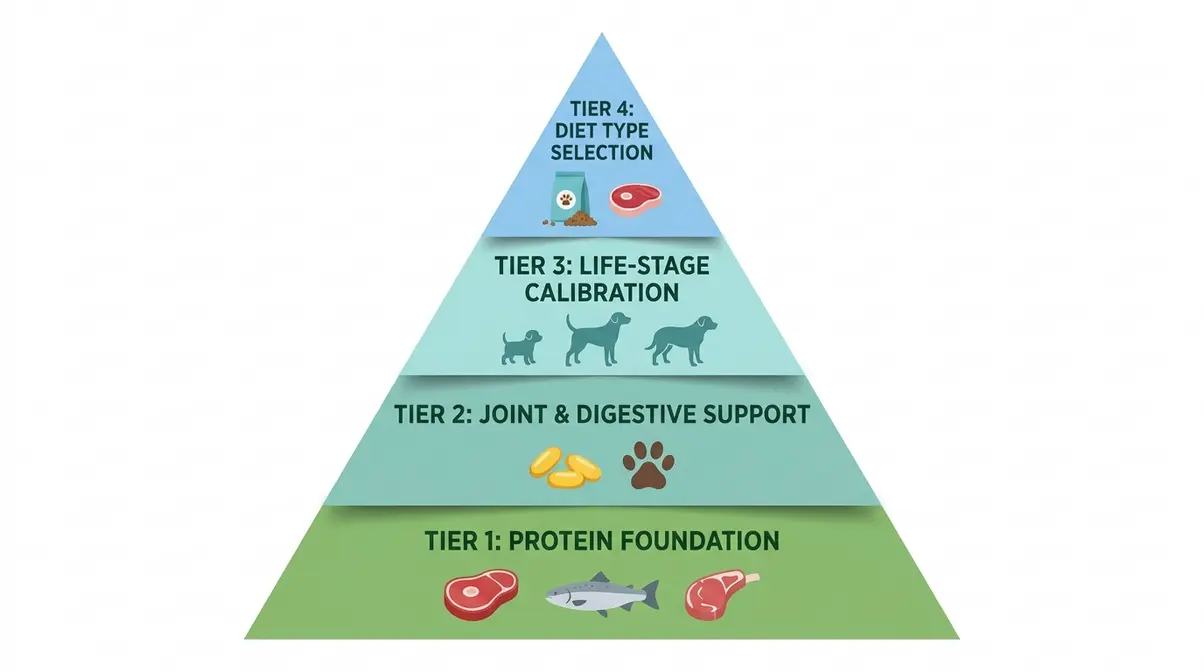 German Shepherd nutrition pyramid diagram showing four tiers from protein foundation to diet type selection