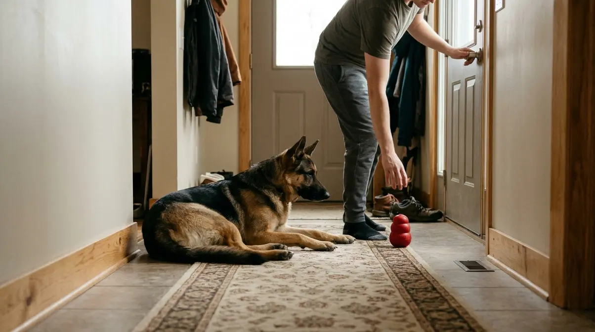 Owner calmly placing Kong toy near relaxed German Shepherd before a calm departure