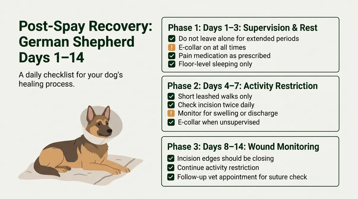 Day-by-day post-spay recovery checklist for German Shepherds covering supervision, activity limits, and wound care